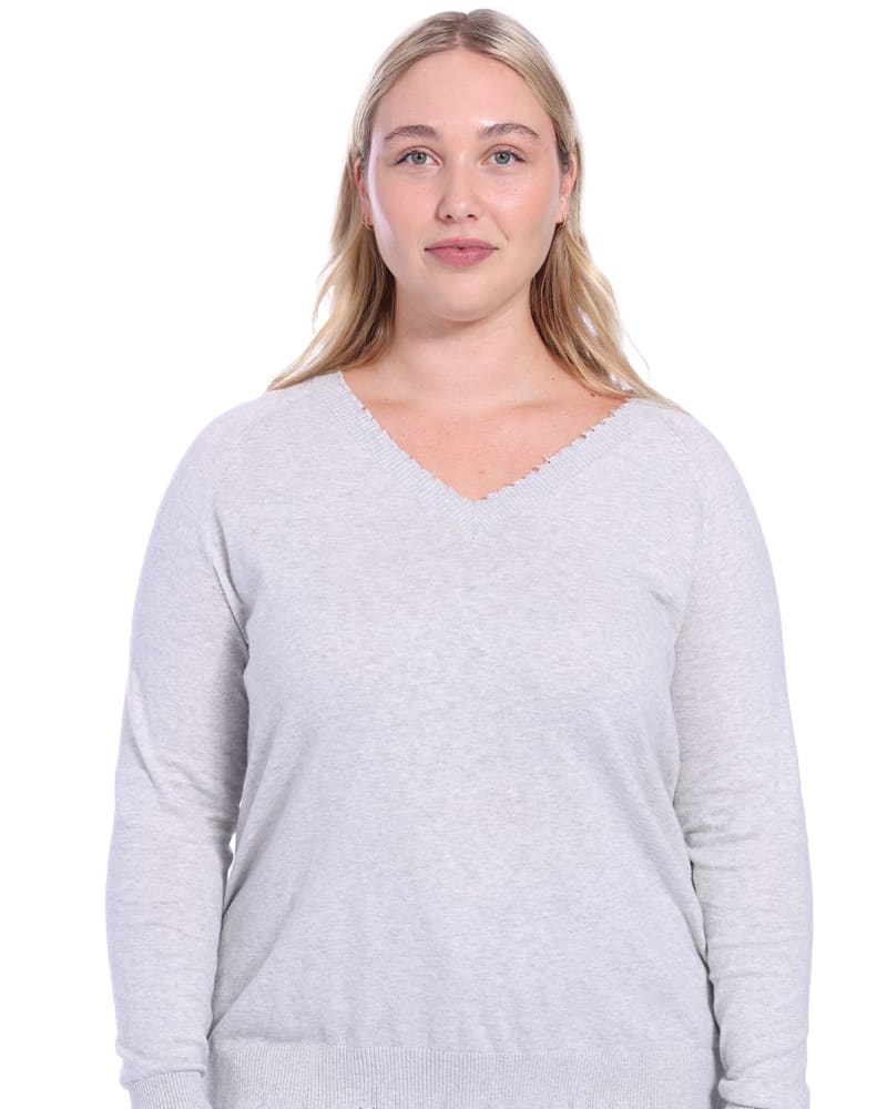Front of a model wearing a size 1X Cotton Cashmere Distressed Long Sleeve V-Neck Sweater in Light Heather Grey by Minnie Rose. | dia_product_style_image_id:324863
